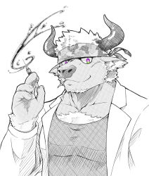 Rule 34 | 1boy, absurdres, animal ears, bara, camouflage, camouflage headwear, chest hair, chinese zodiac, cow ears, cow horns, doctor, furry, furry male, headband, highres, horns, lab coat, large pectorals, male focus, minotaur, mint, muscular, muscular male, pectorals, purple eyes, shennong (housamo), short hair, smile, solo, spot color, syringe, tank top, tokyo houkago summoners, upper body, waguma (russel0201), white hair, year of the ox