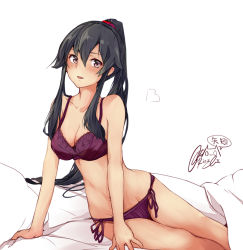 Rule 34 | 1girl, bed sheet, black hair, blush, bra, character name, collarbone, groin, hair between eyes, kantai collection, long hair, open mouth, panties, ponytail, purple bra, purple panties, red eyes, rizzl, signature, simple background, solo, twitter username, underwear, underwear only, very long hair, white background, yahagi (kancolle)