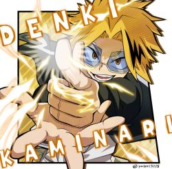 1boy blonde_hair boku_no_hero_academia border brown_eyes character_name electricity electrokinesis kaminari_denki looking_at_viewer male_focus open_mouth short_hair solo spiked_hair teeth tinted_eyewear twitter_username white_border yutori3218