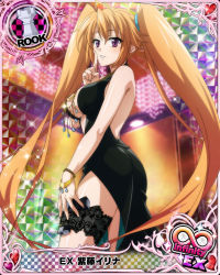 Rule 34 | 1girl, ass, black dress, breasts, card (medium), chess piece, cleavage, dress, finger to mouth, high school dxd, large breasts, long hair, looking at viewer, official art, purple eyes, shidou irina, smile, twintails