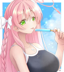 Rule 34 | 1girl, bare shoulders, blue archive, border, bow, braid, cloud, food, green eyes, halo, hanako (blue archive), mirun (funimani), nail polish, official alternate costume, outside border, pink hair, pink halo, popsicle, sky, smile, solo, swimsuit, tongue, tongue out, upper body, white border