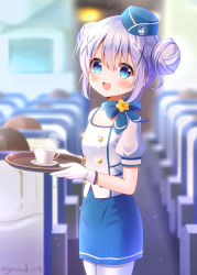 Rule 34 | 1girl, :d, airplane interior, blue eyes, blue hair, blue skirt, blurry, blurry background, bow, buttons, cup, double-breasted, double bun, flight attendant, flower, gloves, gochuumon wa usagi desu ka?, hair bun, hair ornament, hat, highres, holding, holding tray, kafuu chino, looking at viewer, mozukun43, open mouth, ribbon, shirt, sidelocks, skirt, smile, solo focus, standing, travel attendant, tray, twitter username, white gloves, white legwear, white shirt, x hair ornament