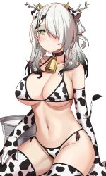 Rule 34 | 1girl, absurdres, alternate hair color, animal ears, animal print, antlers, bell, bikini, black hair, breasts, bucket, ceres fauna, closed mouth, cow ears, cow horns, cow print, cow print bikini, cow tail, cowbell, elbow gloves, flower, gloves, gradient hair, grey hair, hair flower, hair ornament, hair over one eye, highres, hololive, hololive english, horns, large breasts, long hair, milk, mole, mole under eye, multicolored hair, navel, neck bell, print bikini, print gloves, rakku (rkrmz0n), sitting, smile, solo, stomach, swimsuit, tail, thighhighs, virtual youtuber, white hair, yellow eyes