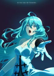 Rule 34 | 1girl, absurdres, ahoge, android, bare shoulders, blue dress, blue eyes, blue gloves, blue hair, breasts, cleavage, dress, english text, female focus, gloves, hair between eyes, highres, long hair, looking at viewer, medium breasts, music, open mouth, outstretched arm, singing, sinnra art, solo, very long hair, vivy, vivy: fluorite eye&#039;s song