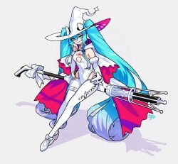 Rule 34 | 1girl, aqua eyes, aqua hair, boots, breasts, broom, broom riding, cape, center opening, colored shoe soles, commentary, covered navel, crypton future media, elbow gloves, english commentary, full body, gloves, gold trim, hat, hatsune miku, highres, hip gear, holding, holding behind back, holding broom, large hat, leotard, logo, long hair, looking at viewer, mechanical broom, milkytiddyboy, racing miku, racing miku (2024), small breasts, solo, thigh boots, twintails, two-sided cape, two-sided fabric, two-sided headwear, very long hair, vocaloid, white cape, white footwear, white gloves, white leotard, witch hat