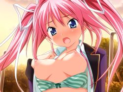 Rule 34 | 1girl, blush, bra, breasts, breasts out, coq, exhibitionism, game cg, kodama izayoi, large breasts, lingerie, long hair, nipples, outdoors, panties, pink hair, public indecency, puffy nipples, ribbon, skirt, solo, stellula eques, striped, twintails, underwear