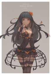 Rule 34 | 1girl, bad id, bad pixiv id, bare shoulders, black dress, black eyes, black hair, black thighhighs, border, breasts, breasts apart, bridal gauntlets, character name, chronos gate, closed mouth, copyright name, cowboy shot, dress, echosdoodle, flower, garter straps, gradient background, hair flower, hair ornament, long hair, medium breasts, navel, ophelie gaston, sleeveless, sleeveless dress, solo, spaghetti strap, spider lily, thigh gap, thighhighs, very long hair