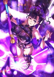 Rule 34 | 1girl, armlet, bare shoulders, black gloves, black one-piece swimsuit, blush, breasts, covered navel, fate/grand order, fate (series), fingerless gloves, flower, gloves, gold trim, hair flower, hair ornament, hair up, half gloves, high heels, highleg, highleg swimsuit, large breasts, long hair, looking at viewer, murasaki shikibu (fate), murasaki shikibu (swimsuit rider) (fate), murasaki shikibu (swimsuit rider) (first ascension) (fate), one-piece swimsuit, open mouth, oversized object, pen, purple eyes, purple hair, shawl, shingo (picturepuzzle), silk, single thighhigh, smile, spider web, swimsuit, thighhighs, thighs