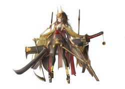 Rule 34 | 1girl, absurdres, bandages, bare shoulders, breasts, brown hair, brown thighhighs, chain, cloak, closed mouth, detached sleeves, expressionless, eyelashes, full body, gold chain, gradient hair, high heels, highres, holding, holding sword, holding weapon, horns, huge weapon, japanese clothes, jewelry, katana, long hair, looking away, magic, multicolored hair, original, outstretched arms, pendant, pixiv fantasia, red eyes, sa&#039;yuki, shoes, sickle, simple background, skeleton, solo, standing, sword, thighhighs, traditional clothes, warrior, watermark, weapon, white background, wings, zettai ryouiki