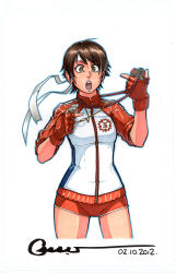 Rule 34 | 1990s (style), 1girl, brown eyes, brown hair, capcom, dated, fingerless gloves, gloves, headband, jacket, kasugano sakura, marker (medium), omar dogan, open mouth, retro artstyle, short shorts, shorts, signature, sleeves pushed up, solo, stopwatch, street fighter, street fighter zero (series), surprised, track jacket, traditional media, watch, whistle