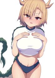 1girl angry antlers blonde_hair blue_panties blush breasts crop_top darumoon dragon_girl dragon_horns dragon_tail frown fur-tipped_tail green_scales green_tail highres horns kicchou_yachie large_breasts looking_at_viewer midriff monster_girl open_mouth panties red_eyes scales scowl short_hair simple_background solo stomach tail thighs touhou turtle_shell underwear v-shaped_eyebrows white_background yellow_horns
