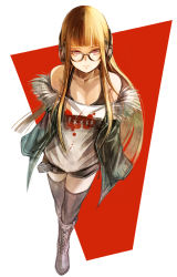 Rule 34 | 1girl, black-framed eyewear, black shirt, black shorts, boots, breasts, brown hair, cleavage, collarbone, floating hair, from above, full body, glasses, grey footwear, grey shirt, grey thighhighs, headphones, highres, long hair, looking at viewer, persona, persona 5, pink eyes, print shirt, sakura futaba, shirt, short shorts, shorts, sleeveless, sleeveless shirt, small breasts, solo, sushi (sashimise), thighhighs, very long hair, white background