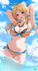 Rule 34 | 1girl, ahoge, armpits, arms behind head, arms up, bikini, blonde hair, blue eyes, blue sky, blush, breasts, cleavage, cloud, commentary request, day, flower, front-tie bikini top, front-tie top, hachimiya meguru, hair flower, hair ornament, hairclip, highres, idolmaster, idolmaster shiny colors, large breasts, layered bikini, long hair, looking at viewer, low twintails, multicolored bikini, multicolored clothes, navel, ocean, open mouth, outdoors, partial commentary, partially submerged, partially underwater shot, side-tie bikini bottom, sky, smile, solo, standing, swimsuit, tenpa (tenpa2190), twintails, wading, water, water drop, wet
