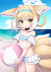 Rule 34 | 1girl, absurdres, alternate costume, animal ear fluff, animal ears, arknights, ball, bare shoulders, beach, beachball, bikini, black collar, blonde hair, blue bikini, blue hairband, blue sky, blush, braid, braided hair rings, breasts, closed mouth, cloud, collar, collarbone, colored tips, commission, commissioner upload, cowboy shot, day, detached sleeves, fox ears, fox girl, fox tail, frilled bikini, frills, green eyes, hair rings, hairband, highres, holding, holding ball, holding beachball, infection monitor (arknights), kitsune, kokone (coconeeeco), kyuubi, looking at viewer, material growth, multicolored hair, multiple tails, navel, non-web source, ocean, oripathy lesion (arknights), outdoors, plaid, plaid bikini, pout, short hair, skeb commission, sky, small breasts, solo, strapless, strapless bikini, suzuran (arknights), swimsuit, tail, twin braids, two-tone hair, v-shaped eyebrows, variant set, white hair