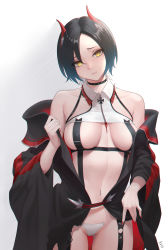 Rule 34 | 1girl, artist name, azur lane, bare shoulders, black choker, black hair, black jacket, blue hair, breasts, choker, collarbone, commentary request, cowboy shot, head tilt, highres, horns, jacket, kojo (0124), large breasts, long sleeves, looking at viewer, nail polish, navel, off shoulder, open clothes, open jacket, parted lips, red nails, resolution mismatch, revision, short hair, sideboob, simple background, solo, source smaller, standing, thighhighs, ulrich von hutten (azur lane), white background, wide sleeves, yellow eyes