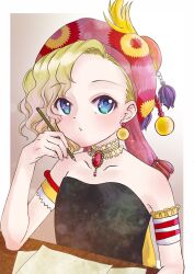 Rule 34 | 1girl, armband, bare shoulders, black shirt, blonde hair, blue eyes, choker, closed mouth, earrings, final fantasy, final fantasy vi, hat, highres, jewelry, looking at viewer, relm arrowny, shirt, short hair, solo, strapless, strapless shirt, umigamezo, wavy hair, yellow choker