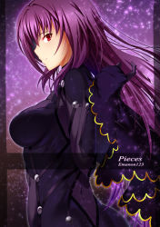 Rule 34 | 1girl, armor, bodysuit, breasts, emanon123, fate/grand order, fate (series), gloves, highres, large breasts, long hair, long sleeves, looking at viewer, pauldrons, profile, purple bodysuit, purple hair, red eyes, scathach (fate), shoulder armor, shoulder pads, smile, solo
