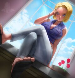 Rule 34 | 1girl, absurdres, android 18, arm support, bangle, blonde hair, blue eyes, blue sky, blue vest, bracelet, breast pocket, breasts, cleavage, cloud, collared vest, crossed legs, cutoffs, day, denim vest, dragon ball, dragonball z, dutch angle, earrings, elite nappa, feet, finger on forehead, flip-flops, flower, foreshortening, hand up, highres, impossible clothes, impossible vest, index finger raised, indoors, jewelry, large breasts, looking at viewer, pants, parted lips, pocket, red flower, sandals, shade, short hair, sitting, sky, solo, straight hair, sunlight, toenails, toes, vest, white pants, window