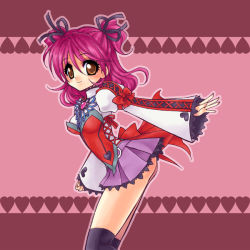 Rule 34 | 1girl, arched back, ass, bow, breasts, brown eyes, cheria barnes, heart, jewelry, long sleeves, looking at viewer, medium breasts, miniskirt, pink background, pink hair, purple skirt, ribbon, short hair, short twintails, skirt, smile, socks, solo, tales of (series), tales of graces, thighhighs, twintails, two-tone background, zoukin