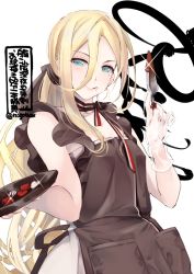 Rule 34 | 1girl, apron, black apron, blonde hair, blue eyes, character name, chocolate, closed mouth, holding, kantai collection, long hair, mole, mole under eye, mole under mouth, n:go, one-hour drawing challenge, richelieu (kancolle), simple background, smile, solo, tongue, tongue out, twitter username, upper body, white background