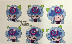 Rule 34 | 1girl, blush stickers, character sheet, digimon, digimon ghost game, grin, highres, jellyfish, jellyfish girl, jellymon, looking at viewer, monster girl, multiple views, official art, ponytail, smile, smug, tentacle hair, tentacles, translation request