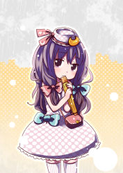 Rule 34 | 1girl, :&lt;, alternate costume, bow, crescent, crescent hair ornament, gradient background, hair bow, hair ornament, hat, hat bow, long hair, mayuge inu, patchouli knowledge, polka dot, polka dot background, purple eyes, purple hair, solo, thighhighs, touhou