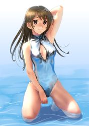 Rule 34 | 1girl, breasts, brown eyes, brown hair, cleavage, cleavage cutout, clothing cutout, commentary request, front zipper swimsuit, gradient background, highres, katahira masashi, kneeling, looking at viewer, meme attire, one-piece swimsuit, original, shiny clothes, silver one-piece swimsuit, small breasts, smile, soaking feet, solo, swimsuit, turtleneck, water