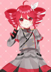 Rule 34 | 1girl, absurdres, ahoge, blush, buttons, double-breasted, drill hair, grin, hair ribbon, hand in own hair, hand up, highres, jacket, kasane teto, kasane teto (sv), long sleeves, looking at viewer, midriff peek, pink background, pink hair, red eyes, ribbon, rooibos, skirt, smile, solo, synthesizer v, twin drills, utau