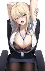 Rule 34 | 1girl, ;o, arms up, between breasts, black bra, black skirt, blonde hair, bra, breasts, brown pantyhose, chair, cleavage, ddangbi, dress shirt, id card, lace, lace-trimmed bra, lace trim, lanyard, large breasts, long hair, looking at viewer, miniskirt, motion lines, office chair, office lady, one eye closed, open clothes, open mouth, open shirt, original, pantyhose, pencil skirt, shirt, short sleeves, sitting, skirt, solo, stretching, swivel chair, trembling, unbuttoned, underwear, white background, white shirt