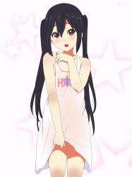 Rule 34 | 1girl, absurdres, arm up, artist name, black hair, clothes writing, commentary request, cowboy shot, dress, eyebrows hidden by hair, gradient background, hair between eyes, hand on own chest, highres, k-on!, light blush, long hair, looking at viewer, motchi001, nakano azusa, open mouth, pink background, red eyes, solo, standing, star (symbol), starry background, teeth, twintails, twitter username, upper teeth only, white background, white dress