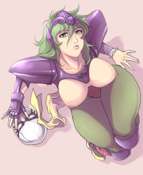 Rule 34 | 1girl, armor, breastless clothes, breasts, fingerless gloves, from above, gloves, green eyes, green hair, green pantyhose, headgear, knee pads, large breasts, legs together, lips, long hair, mask, unworn mask, matching hair/eyes, nipples, ophiuchus shaina, pantyhose, pauldrons, rennes, saint seiya, shoulder armor, shoulder pads, simple background, single glove, solo, thick thighs, thighs