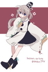 Rule 34 | 1girl, black footwear, black hat, black skirt, blue eyes, commentary request, dated, grey hair, hat, highres, japanese clothes, kariginu, long hair, long sleeves, mononobe no futo, one-hour drawing challenge, pom pom (clothes), ponytail, ribbon-trimmed sleeves, ribbon trim, skirt, solo, suzushiro (daikon793), tate eboshi, touhou, twitter username, wide sleeves
