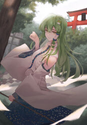 Rule 34 | 1girl, bare shoulders, blue skirt, closed mouth, detached sleeves, frog hair ornament, gohei, green eyes, green hair, hair between eyes, hair ornament, highres, holding, japanese clothes, kochiya sanae, long hair, maachi (fsam4547), nontraditional miko, skirt, smile, snake hair ornament, solo, torii, touhou, tree, white sleeves, wide sleeves