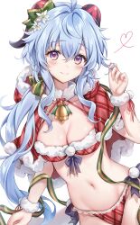 Rule 34 | 1girl, absurdres, alternate costume, amaki ruto, bell, bikini, blue hair, bow, bowtie, breasts, capelet, christmas, cleavage, fur-trimmed capelet, fur trim, ganyu (genshin impact), genshin impact, goat horns, heart, highres, holding, holding own hair, horns, lace, lace-trimmed bikini, lace trim, long hair, looking at viewer, medium breasts, mini bowtie, navel, neck bell, plaid, plaid bikini, plaid capelet, red bikini, red bow, red bowtie, ribbon, santa bikini, scrunchie, simple background, solo, stomach, swimsuit, white background, white scrunchie, wrist scrunchie
