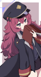 Rule 34 | 1girl, absurdres, blue archive, blush, book, book to mouth, commentary request, grey eyes, hair between eyes, halo, hat, highres, iroha (blue archive), jacket, long hair, looking at viewer, military, military hat, military uniform, red hair, simple background, solo, uniform, zuyosh