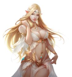 Rule 34 | 1girl, arm at side, artist request, bare shoulders, blonde hair, blue eyes, breasts, cleavage, closed mouth, contrapposto, copyright request, cowboy shot, dress, elf, forehead jewel, hair ornament, hand up, jewelry, large breasts, lips, long hair, looking at viewer, navel, necklace, nose, original, parted bangs, pelvic curtain, pink lips, pointy ears, revealing clothes, simple background, sleeveless, sleeveless dress, smile, solo, standing, tiara, white background, white dress