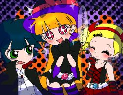 Rule 34 | 00s, 3girls, :d, ^ ^, akazutsumi momoko, belt, black dress, blonde hair, blunt bangs, blush, cape, closed eyes, contrapposto, dress, earrings, goutokuji miyako, green eyes, halloween, hyper blossom, jewelry, looking at viewer, lowres, matsubara kaoru, multiple girls, open mouth, powered buttercup, powerpuff girls, powerpuff girls z, red eyes, rolling bubbles, short hair, smile, sparkling eyes, speech bubble, standing, striped clothes, striped legwear, striped thighhighs, talking, text focus, thighhighs, translation request, twintails, upper body, zettai ryouiki