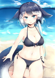 Rule 34 | 10s, 1girl, absurdres, beach, bikini, black bikini, black bow, black hair, blue eyes, blue sky, blush, bow, breasts, cetacean tail, cleavage, cloud, collarbone, day, fins, fish tail, hair bow, highres, kanzakietc, kemono friends, looking at viewer, medium breasts, multicolored hair, narwhal (kemono friends), outdoors, side-tie bikini bottom, sky, smile, solo, swimsuit, tail, two-tone hair, white hair