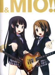 Rule 34 | 2girls, absurdres, akiyama mio, alternate hairstyle, bass guitar, black eyes, black hair, blush, electric guitar, guitar, highres, hime cut, hirasawa yui, instrument, k-on!, kakifly, long hair, multiple girls, official art, outstretched arm, outstretched hand, palms, pantyhose, plectrum, scan, school uniform, uniform