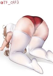 Rule 34 | 1girl, all fours, ass, braid, breasts, buruma, cloud hair ornament, from behind, good ass day, gym shirt, gym uniform, hair ribbon, highres, kantai collection, large breasts, light brown hair, long hair, minegumo (kancolle), red buruma, ribbon, shirt, short sleeves, simple background, solo, tf cafe, thighhighs, twin braids, twitter username, white background, white shirt, white thighhighs