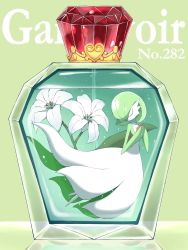 Rule 34 | bottle, character name, commentary request, creatures (company), closed eyes, flower, game freak, gardevoir, gen 3 pokemon, green background, hands up, highres, nintendo, perfume bottle, pokemon, pokemon (creature), shabana may, solo, white flower