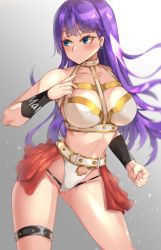 Rule 34 | belt, breasts, clyde s, collar, collarbone, earrings, fate/grand order, fate (series), highres, jewelry, large breasts, long hair, martha (fate), midriff, navel, purple hair, solo, studded belt, studded collar, studded thigh strap, thigh strap, thong, wristband