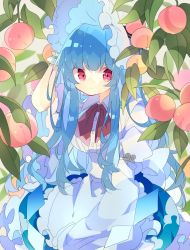 Rule 34 | 1girl, alternate headwear, apron, blue hair, blue skirt, bonnet, branch, breasts, commentary, food, fruit, hand up, highres, hinanawi tenshi, long hair, looking at viewer, medium breasts, neck ribbon, nikorashi-ka, peach, red eyes, red ribbon, ribbon, shirt, skirt, solo, symbol-only commentary, touhou, white shirt, wrist cuffs