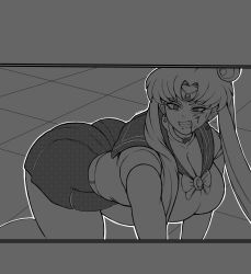 Rule 34 | 1girl, all fours, ass, bishoujo senshi sailor moon, breasts, chrona draws, cleavage, greyscale, highres, huge ass, large breasts, long hair, meme, monochrome, sailor collar, sailor moon, sailor moon redraw challenge (meme), skirt, solo, thighs, tsukino usagi, twintails, very long hair