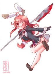 Rule 34 | 1girl, 2015, ahoge, animal ears, blood, blush stickers, cosplay, crescent, crescent hair ornament, dated, glaive (polearm), gloves, hair ornament, hair ribbon, highres, kanon (kurogane knights), kantai collection, long hair, one eye closed, panties, pantyshot, pink hair, polearm, rabbit ears, rabbit hair ornament, rabbit tail, red eyes, ribbon, school uniform, simple background, skirt, smile, solo, striped clothes, striped panties, tail, tatsuta (kancolle), tatsuta (kancolle) (cosplay), tongue, tongue out, underwear, uzuki (kancolle), very long hair