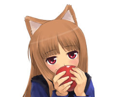 Rule 34 | 00s, 1girl, animal ears, apple, blush, brown hair, food, fruit, holding, holding food, holding fruit, holo, long hair, mitsukimi, red eyes, solo, spice and wolf, wolf ears
