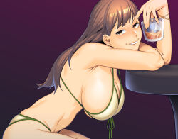 Rule 34 | 1girl, alcohol, arm rest, bikini, blush, breasts, brown eyes, brown hair, cleavage, condensation, cup, drunk, dyun, gradient background, grin, hanging breasts, highres, holding, ice, ice cube, kantai collection, large breasts, leaning forward, long hair, looking at viewer, naughty face, ooi (kancolle), purple background, simple background, smile, solo, swimsuit, yellow bikini