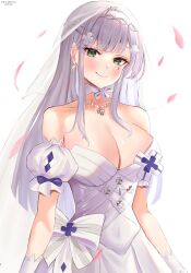 Rule 34 | 1girl, absurdres, blush, braid, breasts, bridal veil, choker, cleavage, cross, cross earrings, cross hair ornament, dated, dress, earrings, falling petals, french braid, girls&#039; frontline, gloves, green eyes, grey hair, hair ornament, highres, hk416 (girls&#039; frontline), jewelry, large breasts, long hair, looking at viewer, necklace, official alternate costume, petals, pink petals, simple background, smile, solo, teardrop facial mark, teardrop tattoo, tiara, tigger drawing, twitter username, upper body, veil, wedding dress, white background, white choker, white dress, white gloves