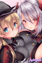 Rule 34 | 2girls, anchor, antenna hair, aqua eyes, ayuteisyoku, azur lane, black ribbon, blonde hair, blush, breast press, breasts, buttons, cross, gloves, hair between eyes, hair ornament, hat, historical name connection, iron cross, kantai collection, large breasts, long hair, long sleeves, looking at viewer, low twintails, military, military hat, military uniform, mole, mole on breast, multicolored hair, multiple girls, name connection, peaked cap, prinz eugen (azur lane), prinz eugen (kancolle), ribbon, sideboob, silver hair, simple background, streaked hair, swept bangs, symmetrical docking, twintails, two side up, uniform, white gloves