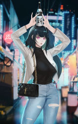Rule 34 | 1girl, absurdres, alcohol, architect (girls&#039; frontline), bag, black bag, black hair, black shirt, bottle, bottle on head, breasts, casual, closed mouth, denim, feet out of frame, gcg, girls&#039; frontline, hair ornament, hairclip, high-waist pants, highres, holding, holding bag, holding bottle, jacket, jeans, large breasts, lips, long hair, looking at viewer, open clothes, open jacket, pants, pink eyes, pouty lips, road, sake, sake bottle, sangvis ferri, scenery, shirt, solo, standing, street, turtleneck, white jacket